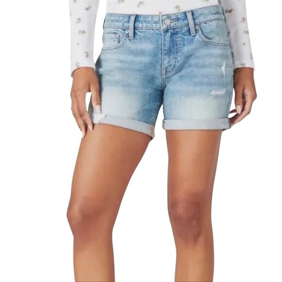 Lucky Brand Roll Up Denim Shorts Distressed High Rise Blue Boho Size 12 / 31 - Picture 1 of 13